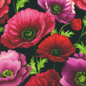 Blissful Blooms 3567-99 Black Poppies by Color Principle for Henry Glass Fabrics, Image