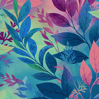 Blissful Blooms 3569-76 Peacock Multi Ombre Leaves by Color Principle for Henry Glass Fabrics, Image