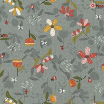 Love Bugs 3573-17 Light Blue Bugs & Flowers by Janet Rae Nesbitt for Henry Glass Fabrics, Image