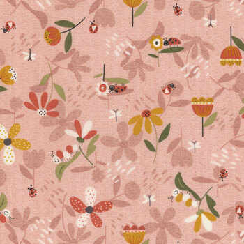 Love Bugs 3573-22 Light Pink Bugs & Flowers by Janet Rae Nesbitt for Henry Glass Fabrics, Image