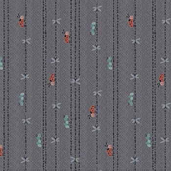 Love Bugs 3577-95 Charcoal Bug Stripe by Janet Rae Nesbitt for Henry Glass Fabrics, Image