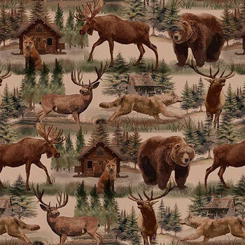 Majestic Mountainside 2317-36 Multi Animals & Cabins by Jan Shade Beach for Henry Glass Fabrics, Image