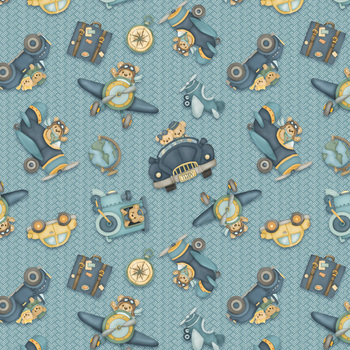 Traveling Teddies 2421-11 Blue Travel Teddies by Shelly Comiskey for Henry Glass Fabrics, Image