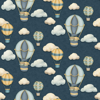 Traveling Teddies 2422-77 Dark Blue Hot Air Balloon Teddies by Shelly Comiskey for Henry Glass Fabrics, Image