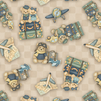 Traveling Teddies 2423-44 Beige Ready to Travel Teddies by Shelly Comiskey for Henry Glass Fabrics, Image