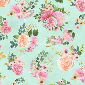 Peony Blossoms 34712-737 Teal Bouquet Toss by Lakeside Art Studio for Wilmington Prints, Image