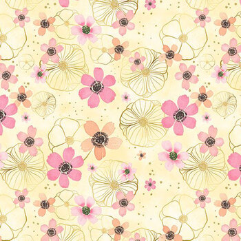 Peony Blossoms 34714-553 Yellow Flowers & Gold by Lakeside Art Studio for Wilmington Prints, Image