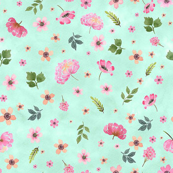 Peony Blossoms 34715-737 Teal Tossed Flowers by Lakeside Art Studio for Wilmington Prints, Image