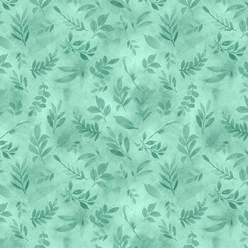 Peony Blossoms 34716-777 Teal Tossed Leaves by Lakeside Art Studio for Wilmington Prints, Image
