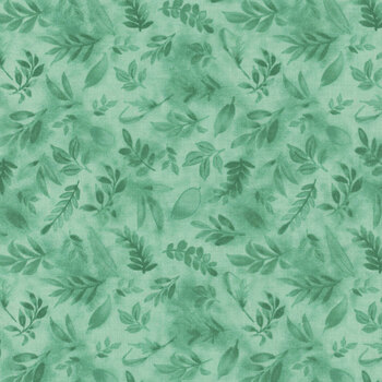 Peony Blossoms 34716-777 Teal Tossed Leaves by Lakeside Art Studio for Wilmington Prints, Image