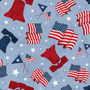 Founding Glory 49362-413 Medium Blue Liberty Symbols by Jennifer Pugh for Wilmington Prints, Image