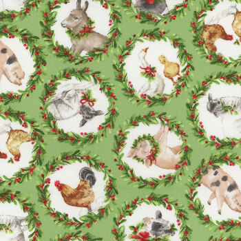 Barnyard Christmas 28803-74 Green by Deborah Edwards for Northcott Fabrics, Image