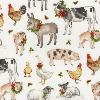 Barnyard Christmas 28802-10 White by Deborah Edwards for Northcott Fabrics, Image