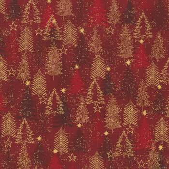 Stof Christmas 2026 - Snow Crystals 4593-401 Red/Gold Trees by Stof Fabrics, Image