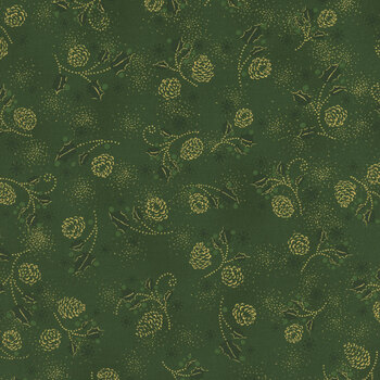 Stof Christmas 2026 - Snow Crystals 4593-802 Green/Gold Snow Hollies and Pine Cones by Stof Fabrics, Image