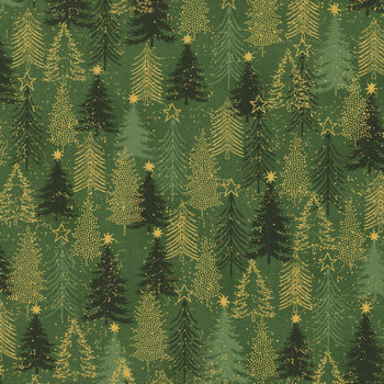 Stof Christmas 2026 - Snow Crystals 4593-811 Green/Gold Trees by Stof Fabrics, Image