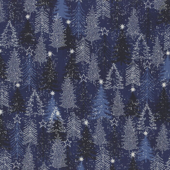 Stof Christmas 2026 - Snow Crystals 4593-603 Dark Blue/Silver Trees by Stof Fabrics, Image
