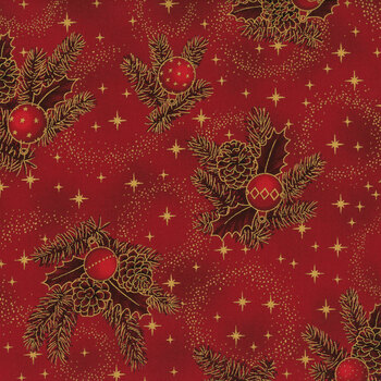 Stof Christmas 2026 - Christmas Time 4593-001 Red/Gold Pine, Holly, and Christmas Balls by Stof Fabrics, Image