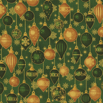 Stof Christmas 2026 - Christmas Time 4593-007 Green/Gold Christmas Balls and Snowflakes by Stof Fabrics, Image