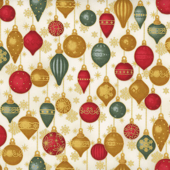 Stof Christmas 2026 - Christmas Time 4593-012 Cream Green/Gold Christmas Balls and Snowflakes by Stof Fabrics, Image