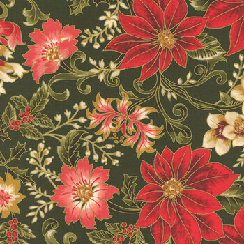 Merry Manor Metallic 2025 33860-13M Evergreen by Moda Fabrics, Image