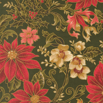 Merry Manor Metallic 2025 33860-13M Evergreen by Moda Fabrics, Image