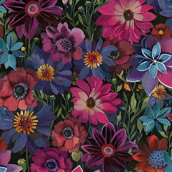 Calico Cat FLEUR-CD4116 BLACK by Timeless Treasures Fabrics, Image