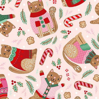 Ginger Cat Christmas BH-CD4200 PINK by Belle Haus for Timeless Treasures Fabrics, Image