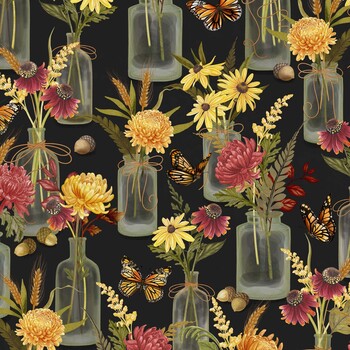 Monarch Meadow W100-027-723 Black by Nicole Tamarin for White Owl Textiles, Image