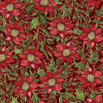 Snowy Greetings W105-034-336 Red by Susan Winget for White Owl Textiles, Image