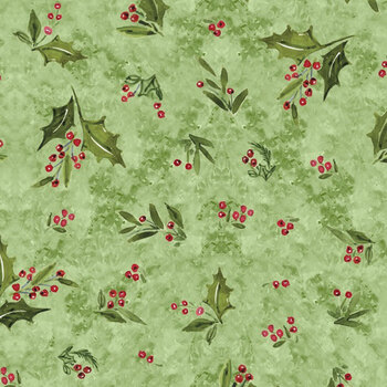 Snowy Greetings W105-036-636 Green by Susan Winget for White Owl Textiles, Image