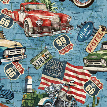 Historic Route 66 DP29241-42 Blue by Deborah Edwards and Melanie Samra for Northcott Fabrics, Image