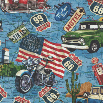Historic Route 66 DP29241-42 Blue by Deborah Edwards and Melanie Samra for Northcott Fabrics