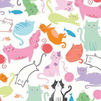Are You Kitten Me? AT-CD4385 WHITE by Alice & Tilly for Timeless Treasures Fabrics, Image