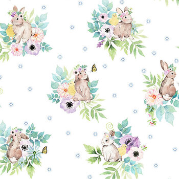 Spring Blessings Y5035-1 White Bunny Scenes by Heatherlee Chan for Clothworks
