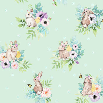 Spring Blessings Y5035-109 Light Mint Bunny Scenes by Heatherlee Chan for Clothworks
