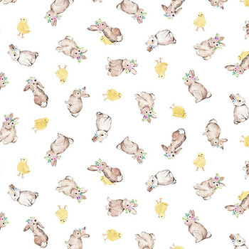 Spring Blessings Y5036-1 White Chicks and Bunnies by Heatherlee Chan for Clothworks