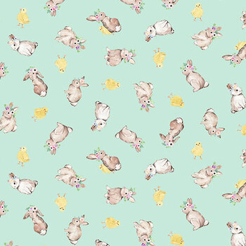 Spring Blessings Y5036-32 Light Aqua Chicks and Bunnies by Heatherlee Chan for Clothworks