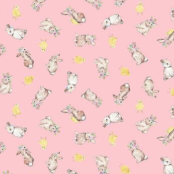 Spring Blessings Y5036-42 Pink Chicks and Bunnies by Heatherlee Chan for Clothworks