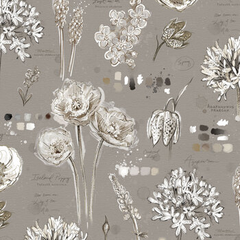 Botanical Sketchbook W115-017-707 Floral Journal Taupe by Chad Barrett for White Owl Textiles