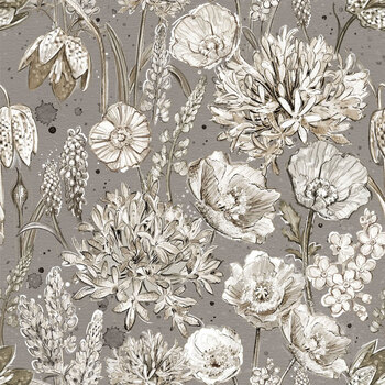 Botanical Sketchbook W115-016-077 Packed Floral Taupe by Chad Barrett for White Owl Textiles