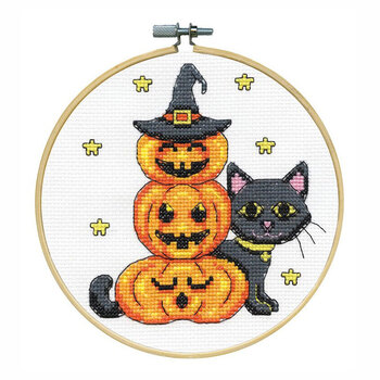 6" Round Counted Cross Stitch Picture Kit - Cat with Pumpkins