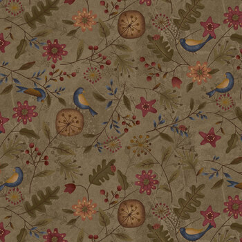 Return of the Blue Bird of Happiness 3745-38 Brown Blue Bird Allover by Janet Rae Nesbitt for Henry Glass Fabrics