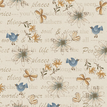 Return of the Blue Bird of Happiness 3749-44 Stone Mixed Media by Janet Rae Nesbitt for Henry Glass Fabrics