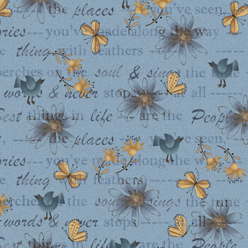 Return of the Blue Bird of Happiness 3749-75 Med. Blue Mixed Media by Janet Rae Nesbitt for Henry Glass Fabrics