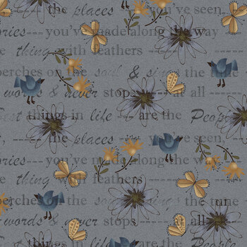 Return of the Blue Bird of Happiness 3749-95 Gray Mixed Media by Janet Rae Nesbitt for Henry Glass Fabrics
