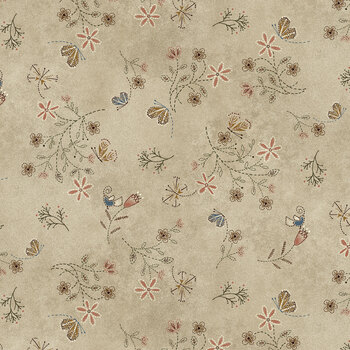Return of the Blue Bird of Happiness 3751-39  Khaki Stitches by Janet Rae Nesbitt for Henry Glass Fabrics