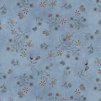 Return of the Blue Bird of Happiness 3751-75 Med. Blue Stitches by Janet Rae Nesbitt for Henry Glass Fabrics