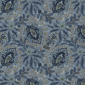 Return of the Blue Bird of Happiness 3752-77 Dk. Blue New Feathery Paisley by Janet Rae Nesbitt for Henry Glass Fabrics