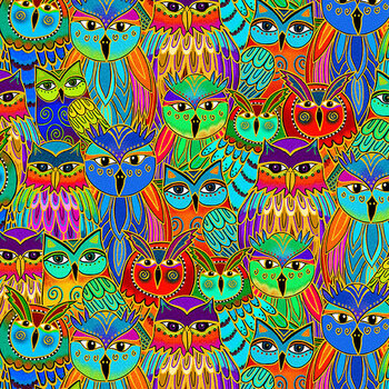 Night Flight Y5061-55M Packed Owls Multi Color Gold Metallic by Laurel Burch for Clothworks